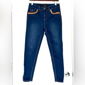 Joseph Ribkoff Blue Denim, Faux Leather Trim, Ankle Zip Stretch, Size 10